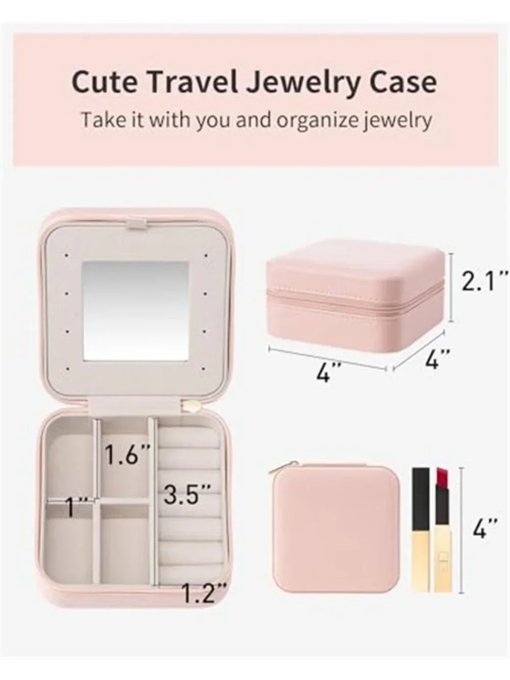 Pink Travel Jewelry Box Organizer Mirror Small Case Rings Earrings Necklace